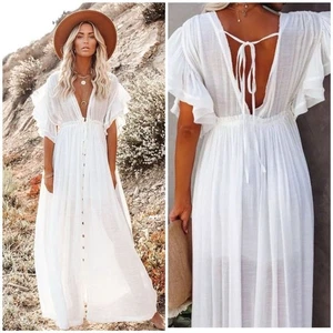 Flawless White Maxi Dress Deep V Tie Back Beach Resort Flowy Wanderlust M NWT - Picture 1 of 9