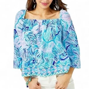 Top Lilly Pulitzer Lizzie Talla L Nuevo con Etiquetas Bermudas Azul Estampado de Peces Resort Coastal Chic - Imagen 1 de 8
