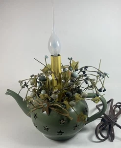 Primitive Country Sage Green Tea Pot Lamp 12” Tall w/ Flickering Accent Candle - Picture 1 of 7