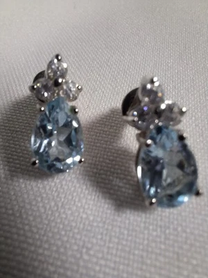 Pear Cut Light Blue Topaz & Rhinestone Drop Post Earrings - Image 1 of 4