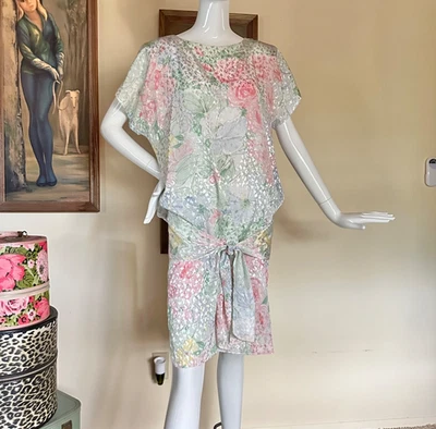 Vintage 1980s Pastel Contempo Casuals New Wave Floral Blouson Day Dress S/M - Image 1 of 4