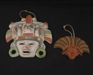 Set Vintage Mexico 7.5"x7.5 Mayan god/4"x5.5"aztec warrior Clay Mask Wall #F6 - Picture 1 of 17