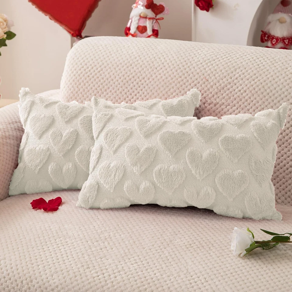 2 Pcs Valentine's Pillow Covers, Soft Heart Plush Faux Fur Cushions for Home - Image 1 of 1