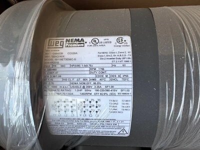WEG MOTOR C3 1/6 HP 00118ET3E56C-S 1765 RPM 230/460 V  3 PH 2.94/1.47 A FR 56C - Image 1 of 2