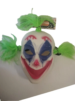 Scary Clown Mask White Plastic with Red Nose and Green Hair - Image 1 of 4