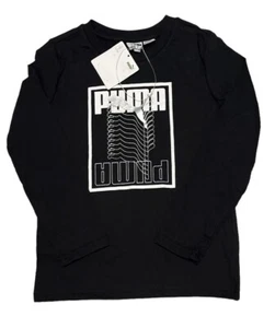 Puma Boys Long Sleeve Shirt Size 6 Black White & Silver Graphic  Logo Tee - Picture 1 of 4