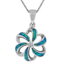 Sterling Silver Blue Turquoise Fire Opal Flower Womens Pendant Necklace Chain