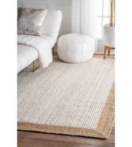 Hand-Woven Natural Jute Braided White Area Rug, Handmade Carpet Area Rug Living - Picture 1 of 5