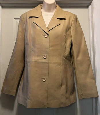 New Dialogue QVC Lt Brown Tan Washable Leather Blazer Jacket Women’s Size M - Image 1 of 4