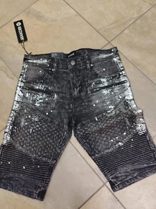 Men Back Denim Short by Makobi Distressed & Ripped Marbled Silver Foil Size 36 - Picture 1 of 5