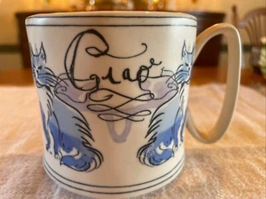 ANTHROPOLOGIE Coffee Tea Mug Ciao Bella Cat Blue Polka Dot Interior CUP Ceramic - Picture 1 of 12