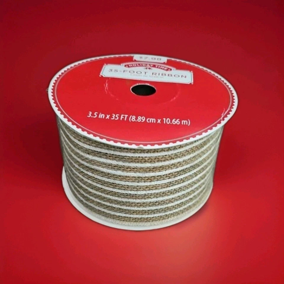 Holiday Time Ribbon Beige & White Color 3.5 inch X 35 feet  - Image 1 of 2