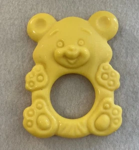 Vintage The First Years 3" Yellow Molded Teddy Bear Baby Rubber Teething Ring - Picture 1 of 2