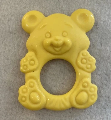 Vintage The First Years 3" Yellow Molded Teddy Bear Baby Rubber Teething Ring - Image 1 of 2