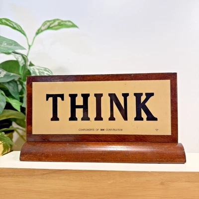 Vtg 1960's Wood Wooden Double Sided Think Desk Plaque Slogan Compliments of IBM - Image 1 of 4