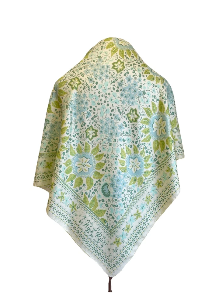 Y8# Nina Ricci Paris 100% Seda Bufanda Floral Pastel Verde Azul Cuadrado Enrollado a Mano Foto 1 de 4