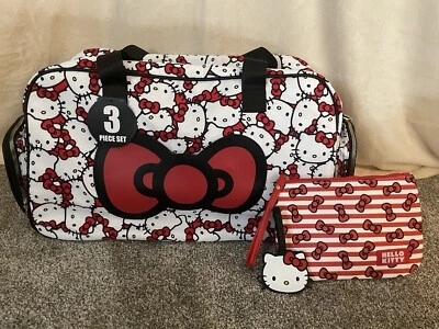 ¡HELLO KITTY 3 PIEZAS (bolso de noche + billetera / bolsa de tamaño mediano + etiqueta de equipaje)! Foto 1 de 4