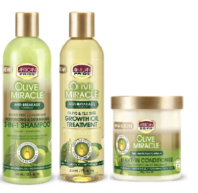 African Pride Olive Miracle 2-N-1Shampoo/Condit +Leave-In Conditioner + Wachstumsöl