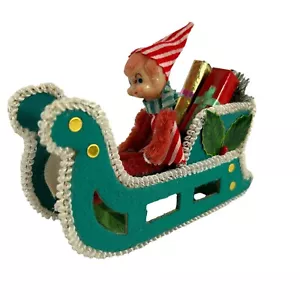 Vintage Elf Pixie Sleigh Gifts Cardboard Felt Chenille Stems Christmas Decor - Picture 1 of 9