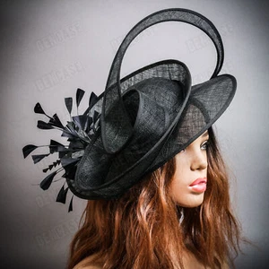 Elegant Black Fascinator Hat with Feather Loops for Women Kentucky Derby Races - Picture 1 of 6
