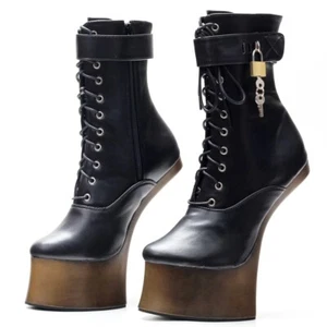 NEW 7.9" HIGH HEEL HEELLESS HOOF ZIP UP LACE UP COSPLAY BELT LOCK ANKLE BOOTS - Picture 1 of 12
