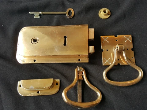 One Reclaimed Antique Bronze Victorian Loop Handled Lock With Key & Keep (EB262) Cover