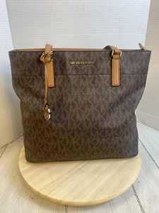 USED AUTHENTIC MICHAEL KORS MORGAN LOGO LARGE TOTE BROWN - Picture 1 of 12
