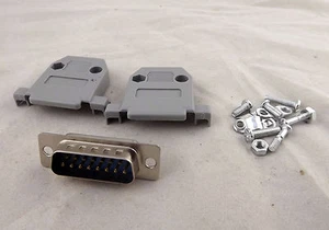 DB15 15 Pin 2 Rows Male Plug D-Sub Connector Gray Plastic Cover Hood Backshell - Picture 1 of 7