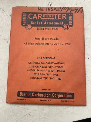 1950 1951 1952 1953 Buick Carter kit de reconstrução de carburador #195A ORIGINAL NOS - Imagem 1 de 2