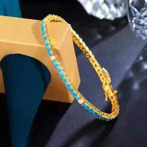 Tennis Bracelet Lab created Blue Turquoise and Diamond 14K Yellow Gold Plated - Picture 1 of 6