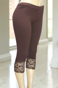 Papillon Women's Capri Leggings With Lace Trim Stretch Chocolate Size M - Picture 1 of 7
