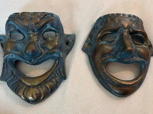 Vtg Pair bronze Decorative wall mask of a Satyr Greek Tragedy & Comedy - NR! - Picture 1 of 13