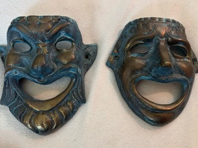 De Colección Par Bronce Máscara de Pared Decorativa de un Sátiro Tragedia Griega y Comedia - ¡Sin Reserva! Foto 1 de 4