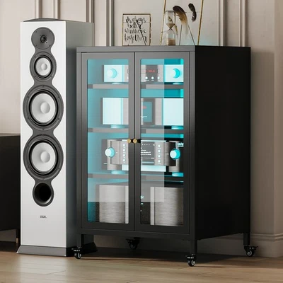 Steel Media Storage Cabinet Shelves Adjustable Stereo Audio Cabinet with Wheels - Image 1 of 4