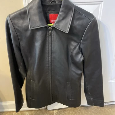 Esprit 女式黑色皮革长袖领全拉链夹克 S 码 — 第 1/4 张图片