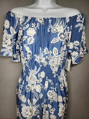 Anthropologie Kindred PM Blue Floral Dress Elastic waist On Off the shoulder - Image 1 of 4