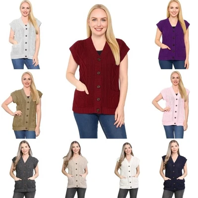 Womens Sweater Waistcoat Sleeveless Grandad Button Cardigan Cable Knitted - Image 1 of 4