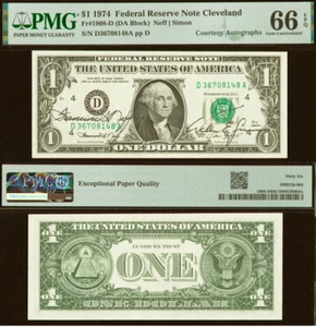 1974 $1 Federal Reserve Note PMG 66EPQ - Courtesy Autographs - Neff & Simon - Picture 1 of 3