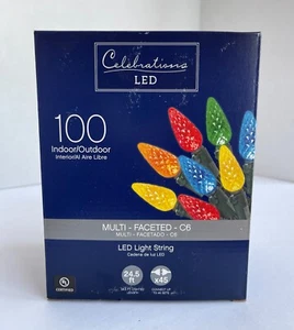 NEW Christmas 100ct. LED Faceted C6 Multi-Colored Indoor Outdoor Lights, 24.5ft - Picture 1 of 5