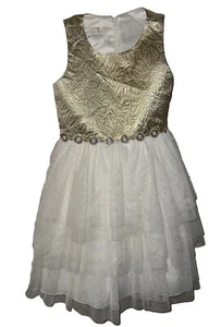 American Princess NWT Holiday Dress Gold Jaquard Pearl & Rhinestones Size 7 Xmas - Picture 1 of 5