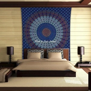 Mandala Tapestry Blue Twin Printed Wall Decor Cotton Decorative Wall Hanging - Picture 1 of 3
