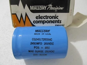 Mallory 2450uF 200V Condensatore Elettrolitico Lattina Grande 85C 2450mfd, Terminale a Vite - Foto 1 di 4