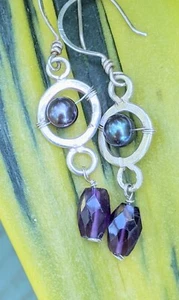 Iridescent Pearl & Amethyst Gemstone Sterling Silver Earrings Handmade .A2f - Bild 1 von 8