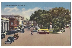 Old Bus Cars Monument WASHINGTON SQUARE Newport RI Rhode Island Postcard Linen - Picture 1 of 2