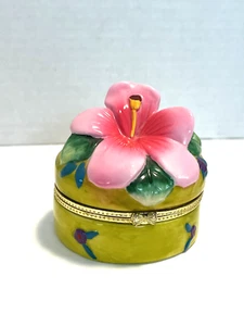 Limoges Style Trinket Box Hand Painted Ceramic Hibiscus Pink Flower Bow Clasp - Picture 1 of 10
