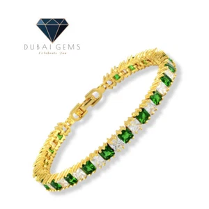 Yellow gold Finish Green Emerald created diamond princess cut bracelet gift box - Picture 1 of 8