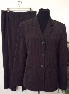 Nuevo Traje Estudio Mujer Marrón Rayas Mezcla Poliéster 2 Piezas Pantalón Traje Talla 14/16. Foto 1 de 4