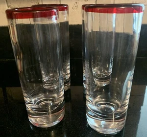 Beautiful 4 Red Rimmed Mexican Hand Blown Cocktail Highball Glasses 6.5” Tall - Picture 1 of 4