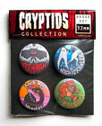 Cryptids Cryptozoology, badge set of 4x 32mm metal pin back buttons. folklore