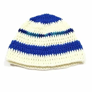 Winter Hat 100% Wool Knitted Handmade Unisex Warm Cap Skull Beanie Blue/White OZ - Picture 1 of 7